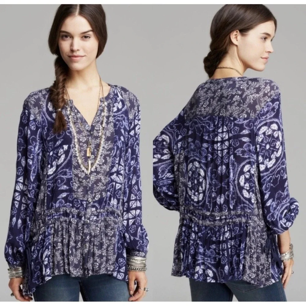 Free People Women XS Ratio Print Tunic Blouse Blue Mixed Floral Boho Peasant Top